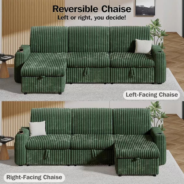 Vipbear 101'' Sectional Sleeper Sofa Bed with Pull Out Bed, with Reclining Backrest/Two Pull Out Beds/USB Ports/Cup Holders, Plush Corduroy