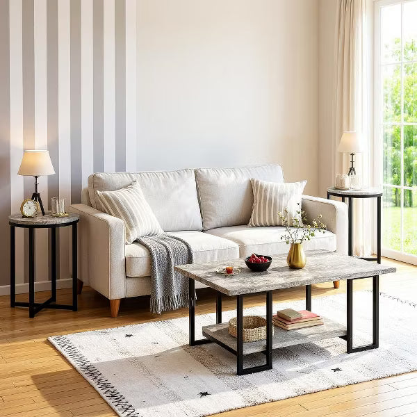 Hooseng 3 PCS Coffee Table Set Rectangle Coffee Table and 2 PCS Round End Tables Metal Frame and Particle Board Tabletop