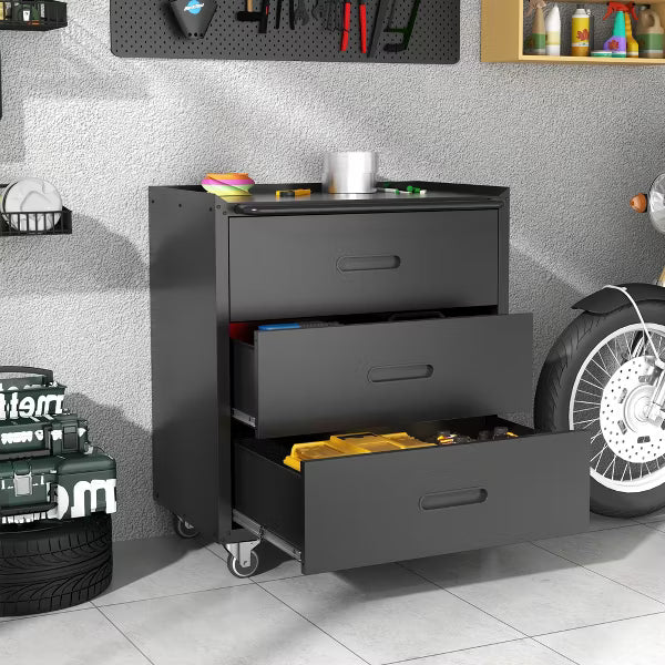 Munora - 3-Drawer Rolling Tool Cabinet with Workbench Top - 16.54"D x 29.53"W x 34.66"H - Black