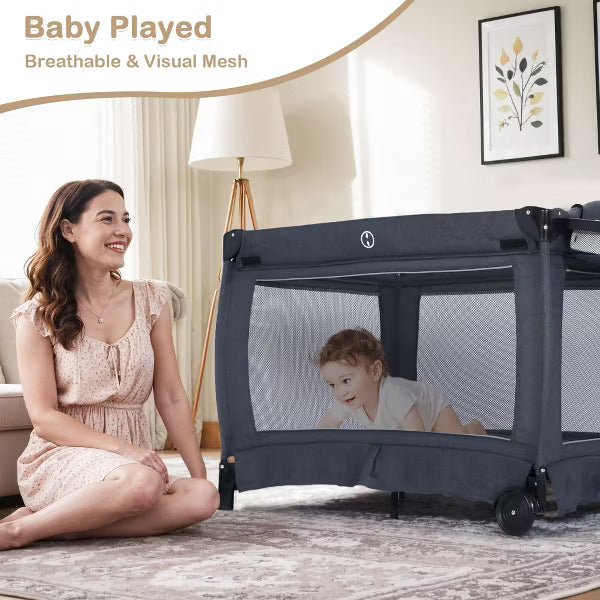 Kinder King 4-in-1 Convertible Baby Playard with Bassinet, Diaper Changer, Cradle&Bedside Sleeper, Breathable Mesh, Storage Organizer&Lockable Wheels