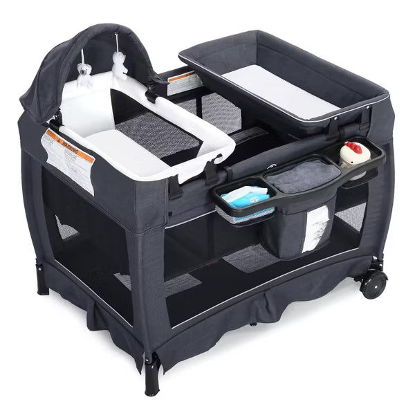 Kinder King 4-in-1 Convertible Baby Playard with Bassinet, Diaper Changer, Cradle&Bedside Sleeper, Breathable Mesh, Storage Organizer&Lockable Wheels