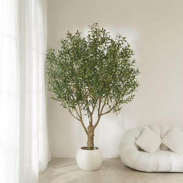 DR.Planzen 7FT Artificial Olive Tree with Thick Stump - UV Resistant Faux Plant for Indoor/Outdoor, Black Pot & Realistic Green Leaves