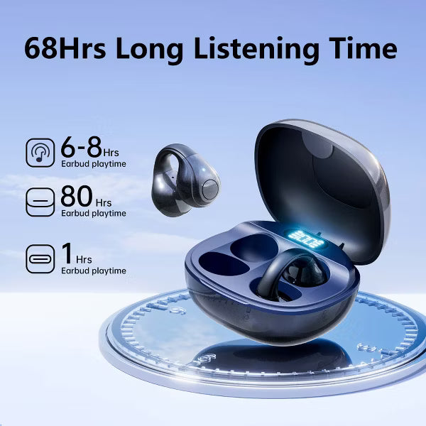 VEATOOL Open-Ear Headphones, Wireless Clip On Earbuds with Digital Display Charging Case 68 Hours Playtime