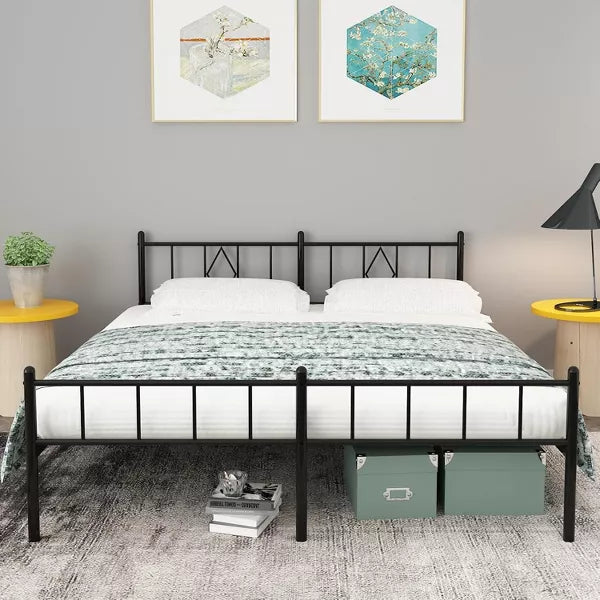 79.5"L x 75.6"W x 14"H Metal Platform King Bed Frame with Iron Art Headboard & Footboard Underbed Storage No Box Spring Needed 800lbs Capacity