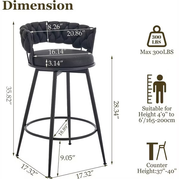DYHOME 28 inch Bar Stools Set of 3, Modern Counter Height Bar Stools, 360 Swivel Suede Fabric Stool Chairs with Woven Back and Footrest