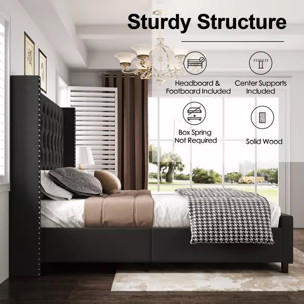 Bed Frame with 61.4" Headboard,Velvet Tufted and Handmade Pleat Deep Button