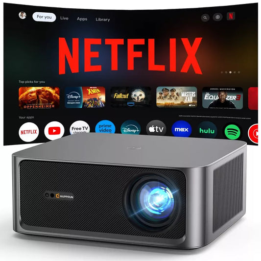 2500 ANSI Lumen Official Netflix Licensed 4K UHD Smart Projector, HAPPRUN Home Theater with Dolby Audio