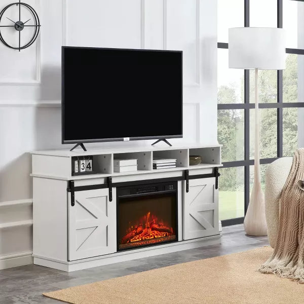 Wooakway 58"L 29.4"H 15.4"D Electric Fireplace TV Stand Console with Barn Door Design Overheating Protection Closed Storage Cabinet for TVs up to 65"
