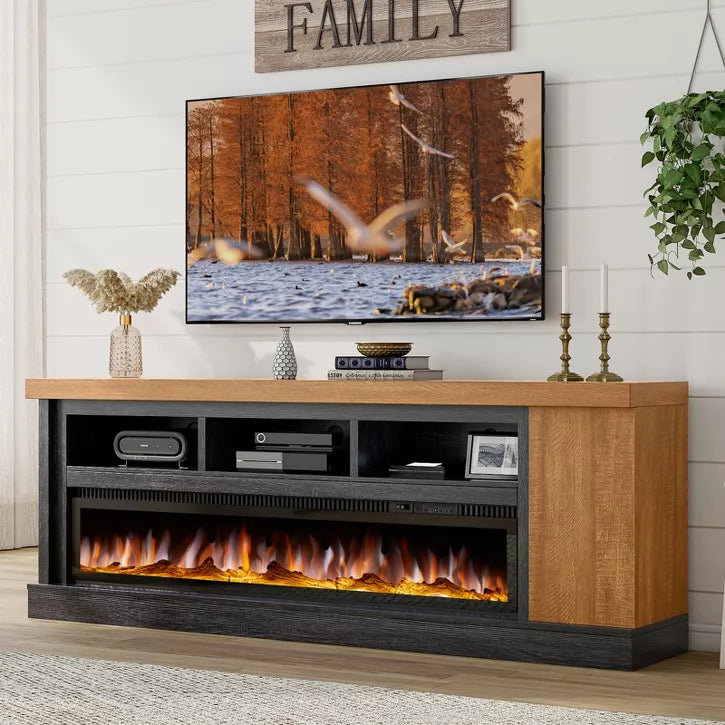 AMERLIFE 75" TV Stand with 60" Glass Electric Fireplace