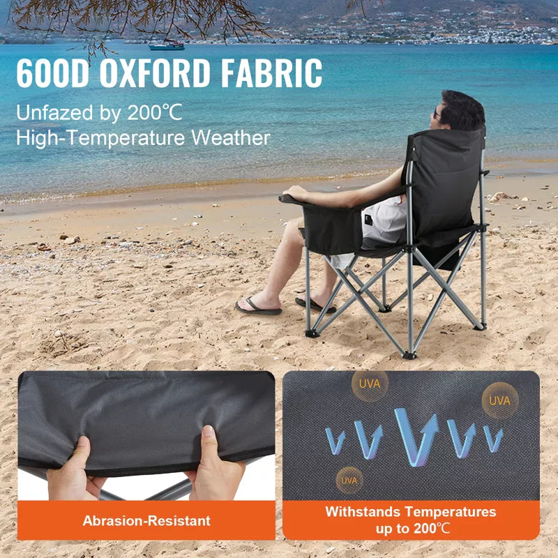 VEVOR Camping Folding Chair for Adults, Portable Heavy Duty Outdoor Quad Lumbar Back Padded Arm Chairs with Side Pockets, Cup Holder and Cooler Bag