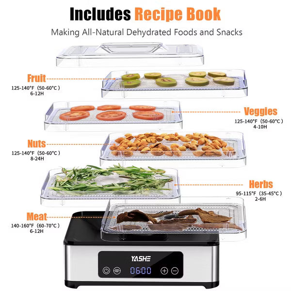 YASHE Food Dehydrator, 5 Stainless Steel Trays, 48H Timer, Temp Control, 420W, Includes Recipe Book, for Jerky, Fruits, Herbs, Meat, Dog Treats