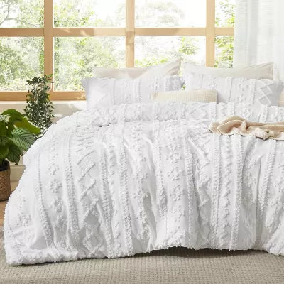 3Pcs Tufted Boho Farmhouse Shabby Chic Embroidery Bright White Queen Size Comforter Set - Bedsure
