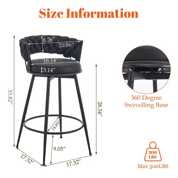 DYHOME 28 inch Bar Stools Set of 2, Modern Counter Height Bar Stools, 360 Swivel Suede Fabric Stool Chairs with Woven Back and Footrest