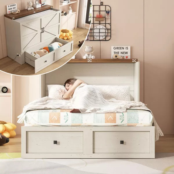 AMERLIFE Farmhouse Murphy Bed with Storage & Charging Station