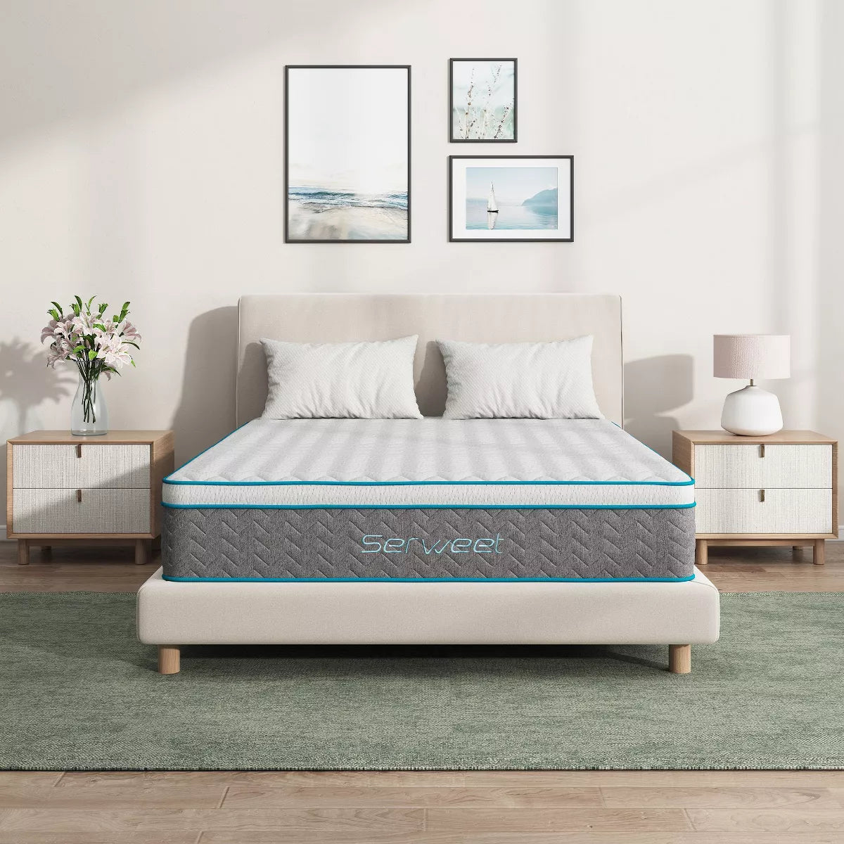 Serweet 12 inch Breathable Bamboo Charcoal Hybrid Mattress - Compatible with Platform Bed, Box Spring, or Slat Base