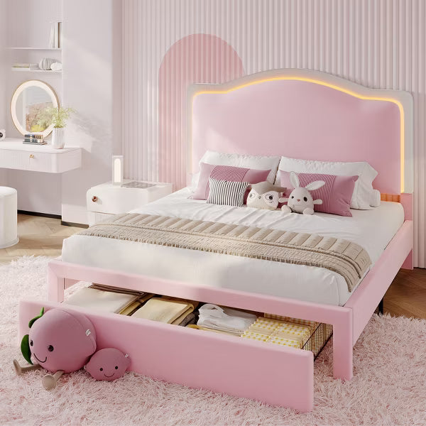 Bed Frame with LED Lights and Charging Station, 50" Tall Storage Headboard