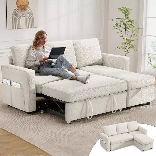 Vipbear 81" Sleeper Sofa Bed, 2 in 1 Pull Out Couch with Reversible Storage Chaise