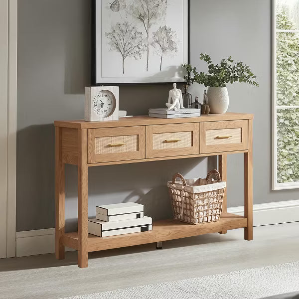 Resenkos Console Desk Table, Console Table, Entryway Table, Side Table, Display Table,Console Table with Rattan 3 Drawers, 2 Tier Long Behind Couch