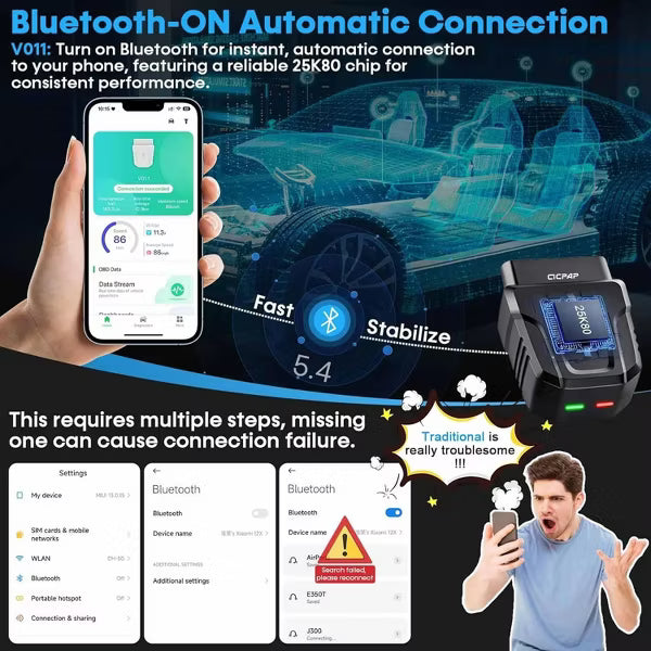 Belatt Bluetooth 5.4 OBD2 Scanner for iOS & Android, Code Reader with Live Data, Read/Clear CEL, Freeze Frame, Performance Tests, 48+ Brands