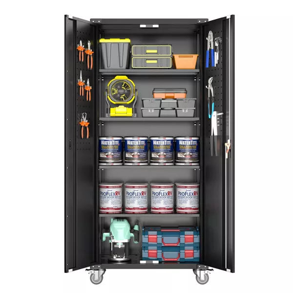 SUXXAN 72"H Metal Storage Cabinet with Wheels and Pegboard, 4 Adjustable Shelves and Lockable Door for Garage,Required Assembly