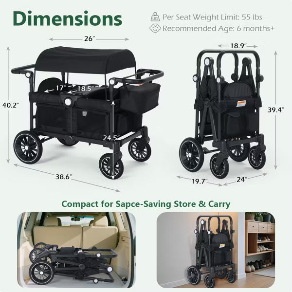 Folding Wagon Stroller for 2 Kids, Adjustable Handle, All-Terrain Shock-Absorbing Wheel, Detachable Tray, Diaper Bag