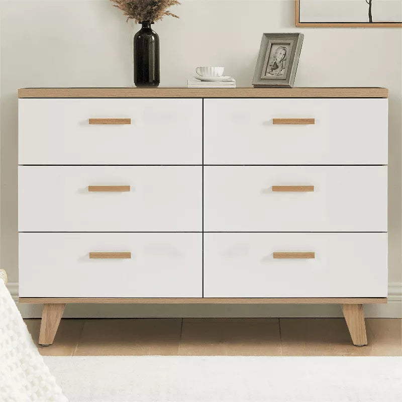 Resenkos Wood 6 Drawer Double Dresser for Bedroom, Chest of Drawers for Closet, Living Room, Hallway, Nursery, White&Rosewood