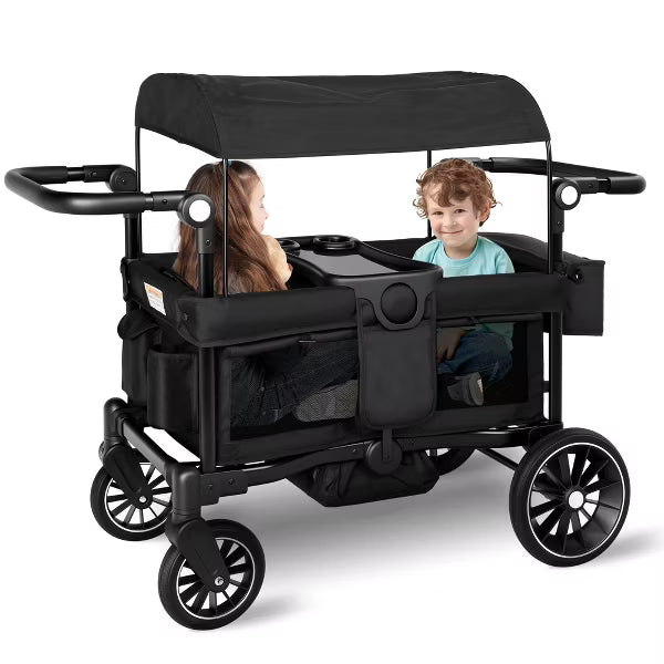Folding Wagon Stroller for 2 Kids, Adjustable Handle, All-Terrain Shock-Absorbing Wheel, Detachable Tray, Diaper Bag