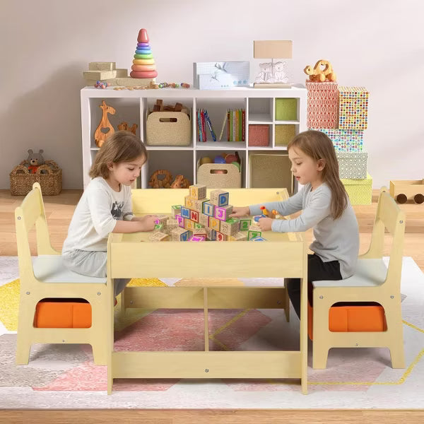Kinder King 3-in-1 Kids Table & 2 Chairs Set with Storage, Removable Top & Blackboard, for Art, Crafts, Reading, Play