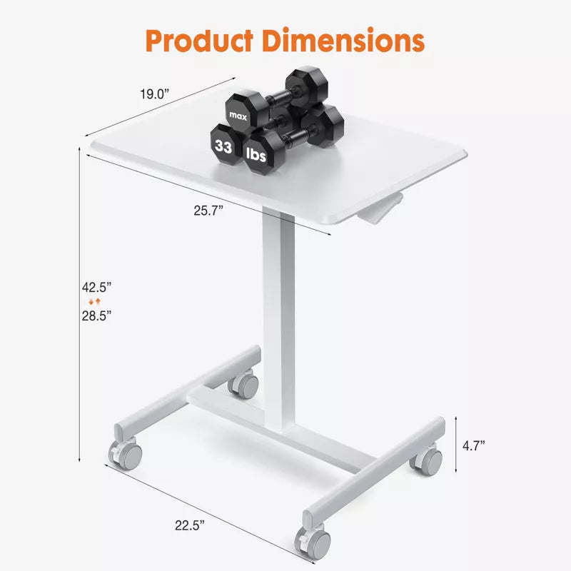 Bencmate Desks Mobile Small Standing Desk Adjustable Height, Portable Roller Desk with Wheels, Laptop Standing Desk, White, 25.7"*19"*28.5"