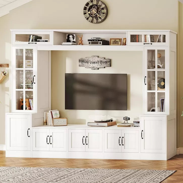 AMERLIFE 98" W Wall Unit TV Stand with Storage for TVs up to 80", White