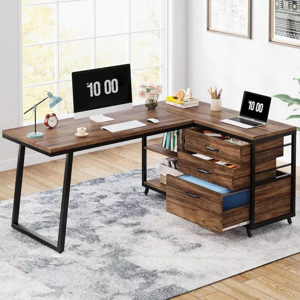 Tribesigns L-Shaped Computer Desk with 3 Drawers