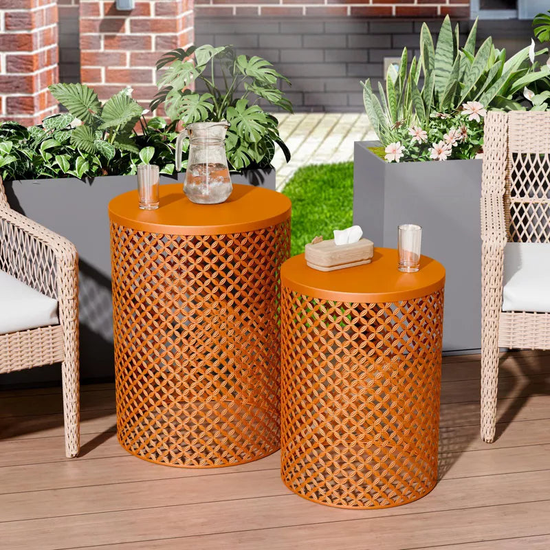 Maggift Patio End Tables, 2PCS Modern Cutout Patio Accent Table, Iron Side Table Weather Resistant, Iron Frame Patio Furniture, Orange 14.5"