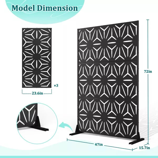 TOAOTBNBO Metal Privacy Screen with Stand, Decorative Privacy Fence Panels with Star Pattern, Outdoor Privacy Screen for Garden, Black