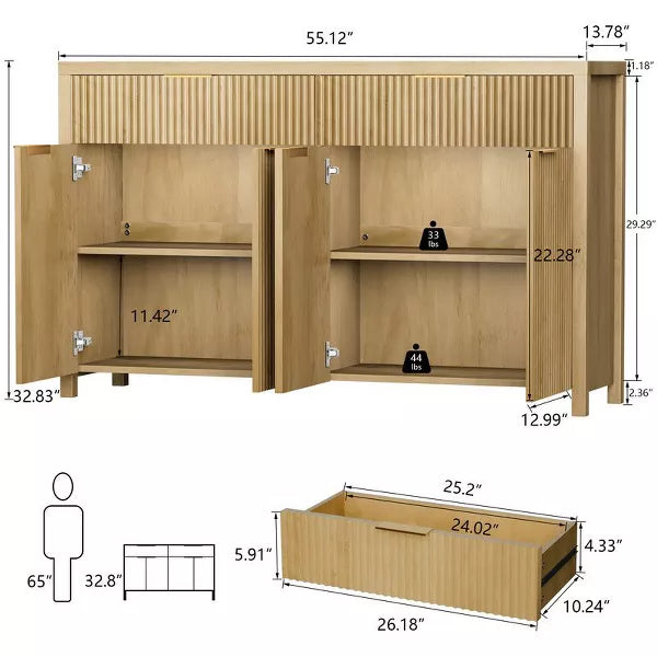 Gikpal 55’’ Modern Fluted Sideboard Cabinet, Entryway Table, Wooden Dresser for Bedroom with 2 Drawers & 2 Adjustable Shelves, Dining Room, Kitchen
