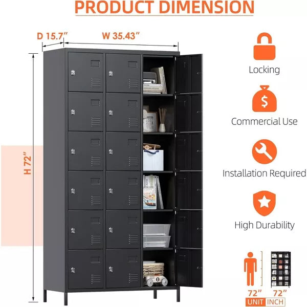 Aobabo 18 Doors Metal Storage Locker for Employees, Storage Locker for Employees School Office Gym Bedroom, Black, Assembly Required
