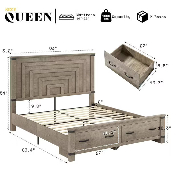 Farmhouse Bed Frame with 54" Tall Geometric Headboard