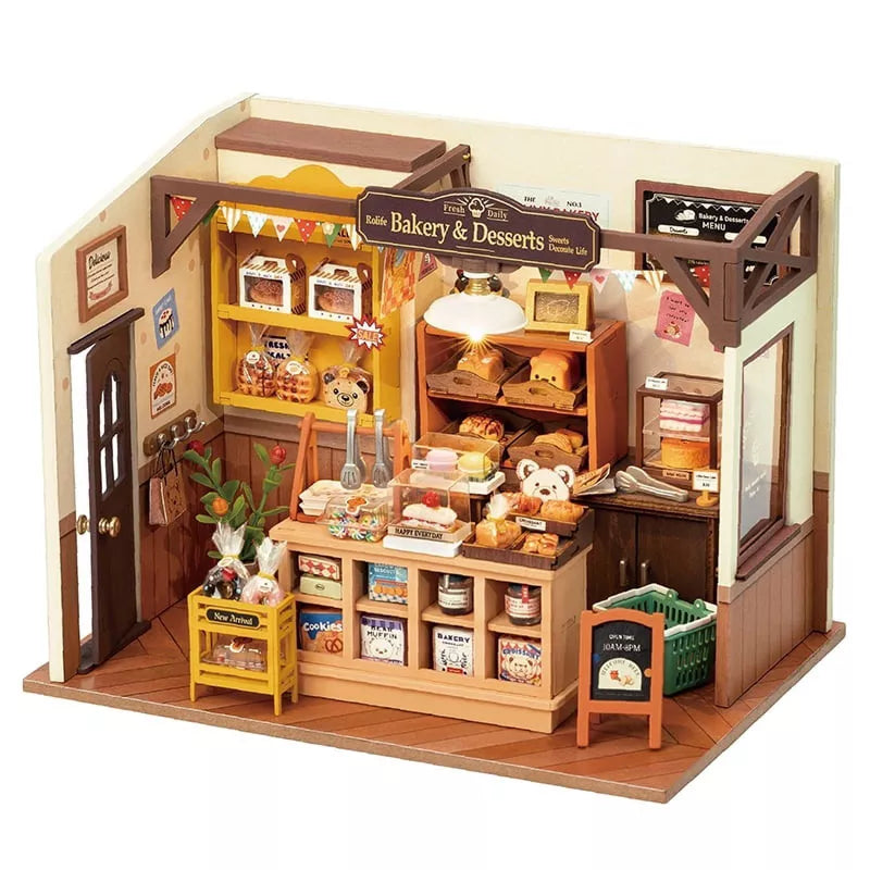 ROBOTIME DIY Miniature Dollhouse Kit Becka's Baking House Birthday, Brown, 8.5"*5.9"*6.2"