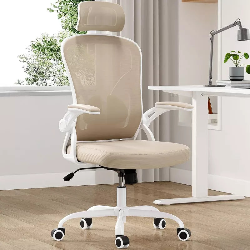 Bencmate Task and Office Chairs, Ergonomic Office Chair, Home Office Desk Chair with Headrest, Beige, 23.43"*23.43"*56.69"