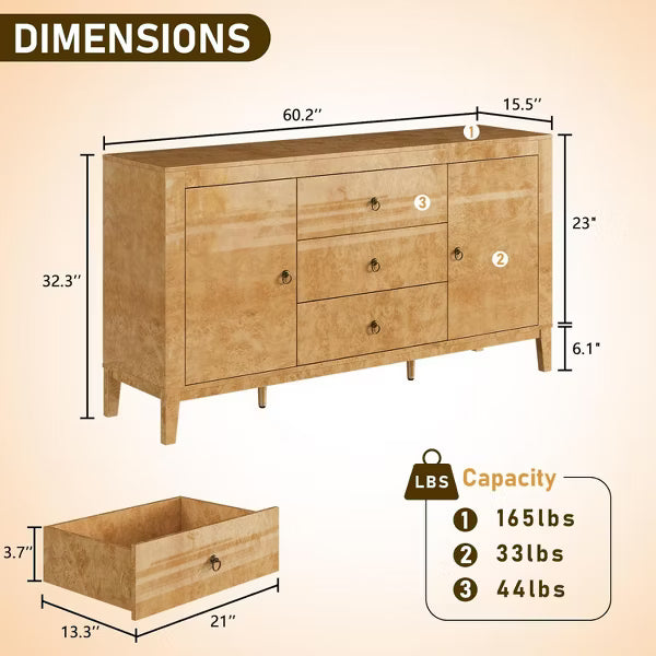 AMERLIFE High Gloss Burl Buffet Sideboard Cabinet