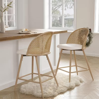 TYBOATLE Bar Stools Set, 29" Rattan Swivel Barstools with Faux Leather, Boho Mid-Century Modern Upholstered Bar Chairs for Kitchen Island