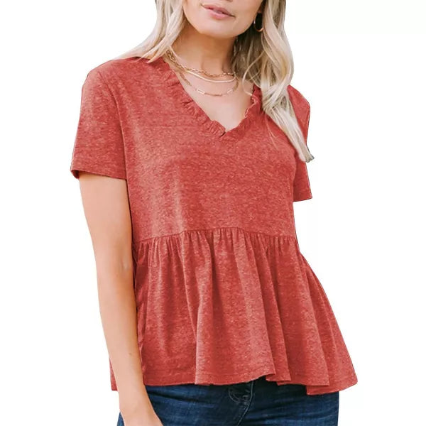 EXLURA Womens Summer Short Sleeve Babydoll Tops Fashion Cute V Neck T Shirts Soft Casual Peplum Blouse Tunics Top 2025