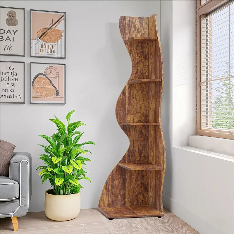 Lirago,18.9"L*18.9"W*70.08"H,5-Tier Corner Bookshelf - Modern Brown Wall Shelf with Adjustable Shelves for Home & Office