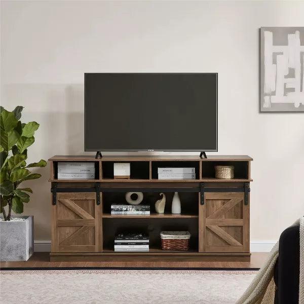 Wooakway 58"L 30"H 16"D Modern & Farmhouse Double Tier TV Stand Storage Cabinet with Sliding Barn door for TVs Up to 65" Living Rooms Apartment