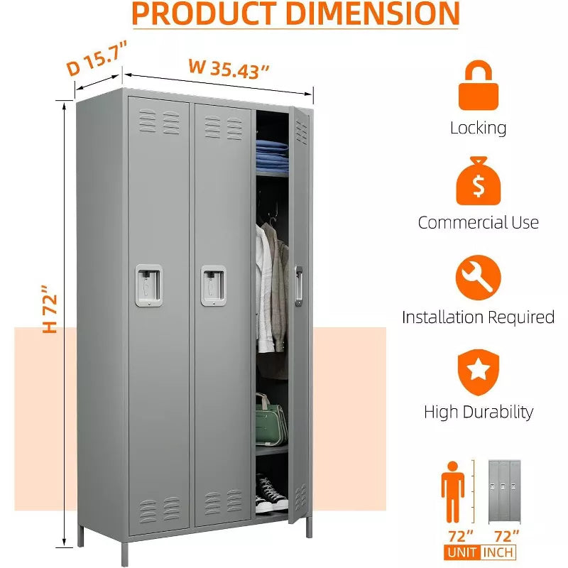 AOBABO Metal Lockers For Employees School Office Gym Home Lockers Storage,3 Doors Lockers With 6 Shelves And 6 Hooks, Assembly Required, Black