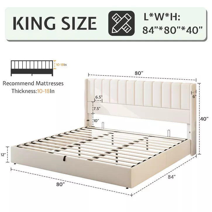 AMERLIFE Lift Up Storage Bed Frame with Vertical Channel Tufted Headboard and Wingback