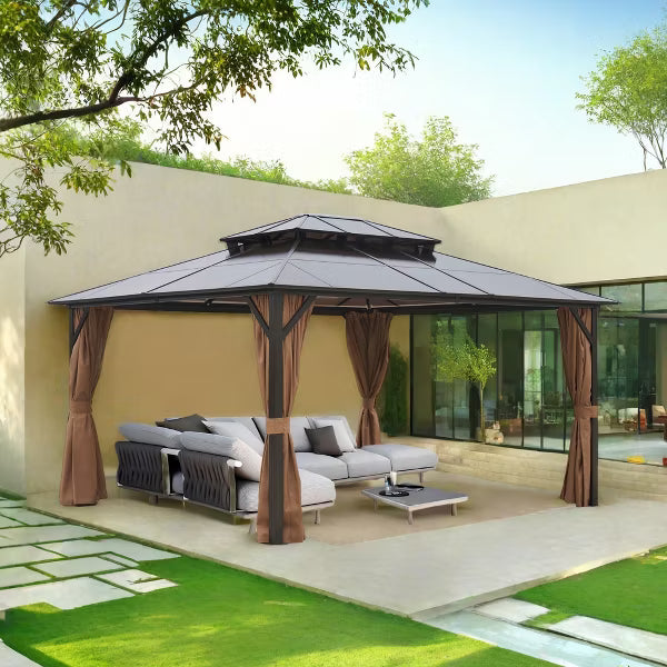 10 ft. x 12 ft. Hardtop Double Roof Gazebo with Netting and Curtains, and Polycarbonate Canopy for Patio & Backyard