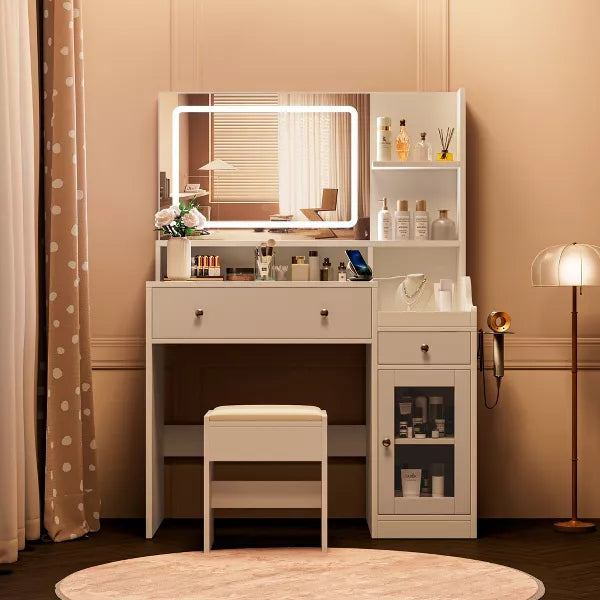 LIKEPAY Vanity Desk with Mirror, Power Outlet, Hair Dryer Bracket, Makeup Table with 2 Drawers,3 Color Modes Available for Bedroom