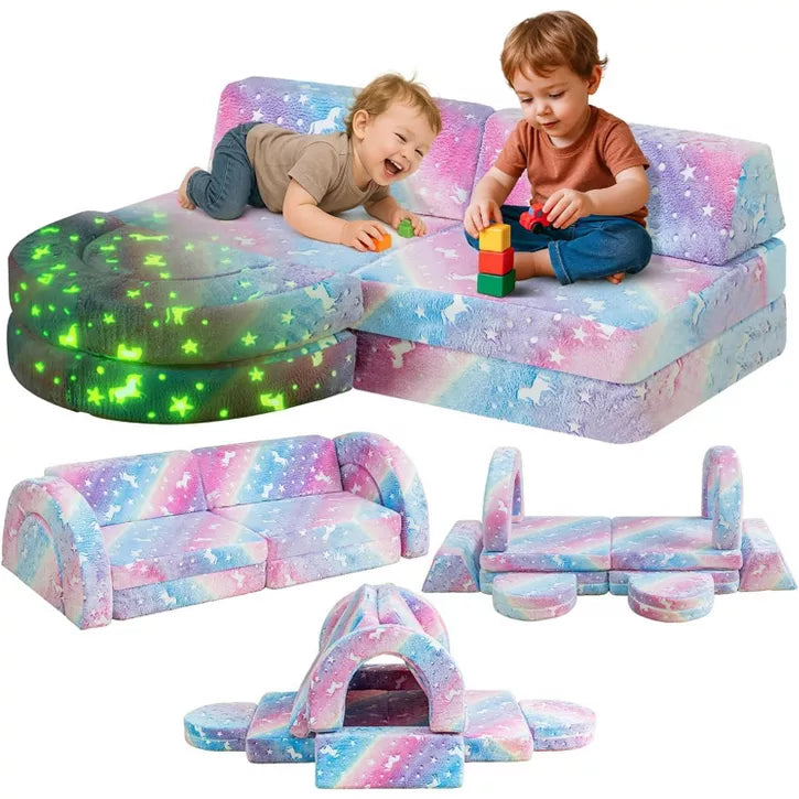 Hooseng 10Pcs Modular Kids Play Couch, Glow-in-The-Dark Convertible Play Fort Kids Sofa with Removable Cover for Playroom, Bedroom