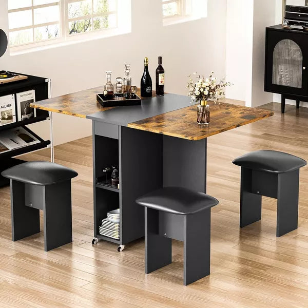 Hooseng Folding Dining Room Table and Chairs Set for 4, Modern Kitchen Table Set with 4 Leather Chairs and Shelves for Small Spaces, Apartment