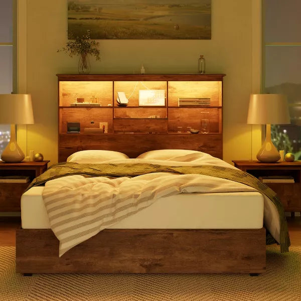 AMERLIFE Bed Frame with 51.2" Storage LED Bookcase Headboard, 4 Storage Drawers & Charging Station